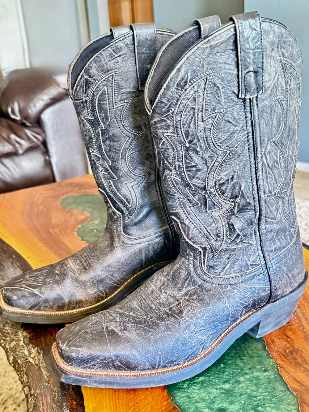 Laredo Men's Jessco Leather Square Toe Cowboy Boots - Sanded Black - 68557 Sz 9D - Picture 5 of 14